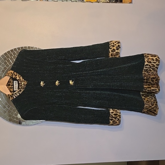 Vintage Carole Wang 1990's Chenille Animal Print Gold Cheetah Button Midi Dress - Picture 1 of 14